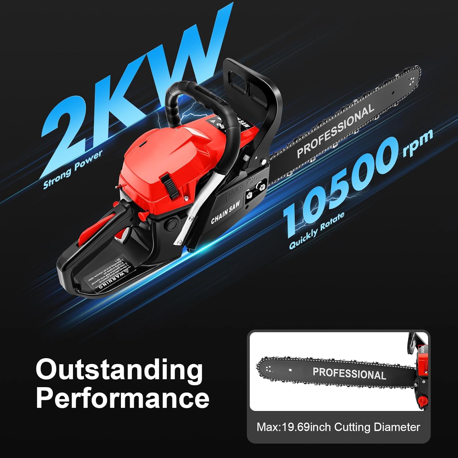 58cc Gasoline Power Chainsaw, 3.6Hp 2-Stroke Fule Logging Cutter, 10500RPM Single Cylinder Air-cooled Wood Saw Timber Feller for Tree Felling Backyard Clearing Outdoor Pruning