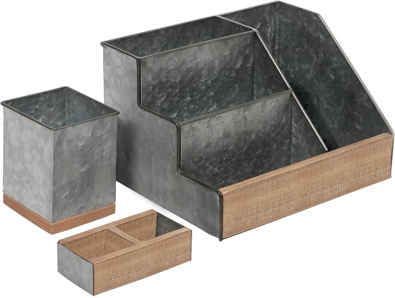 Juego de organizador de escritorio de metal galvanizado de 3 piezas - Organizador de correo rústico para escritorio - ¡Excelente para decoración industrial del hogar! Organizador de maquillaje para tocador