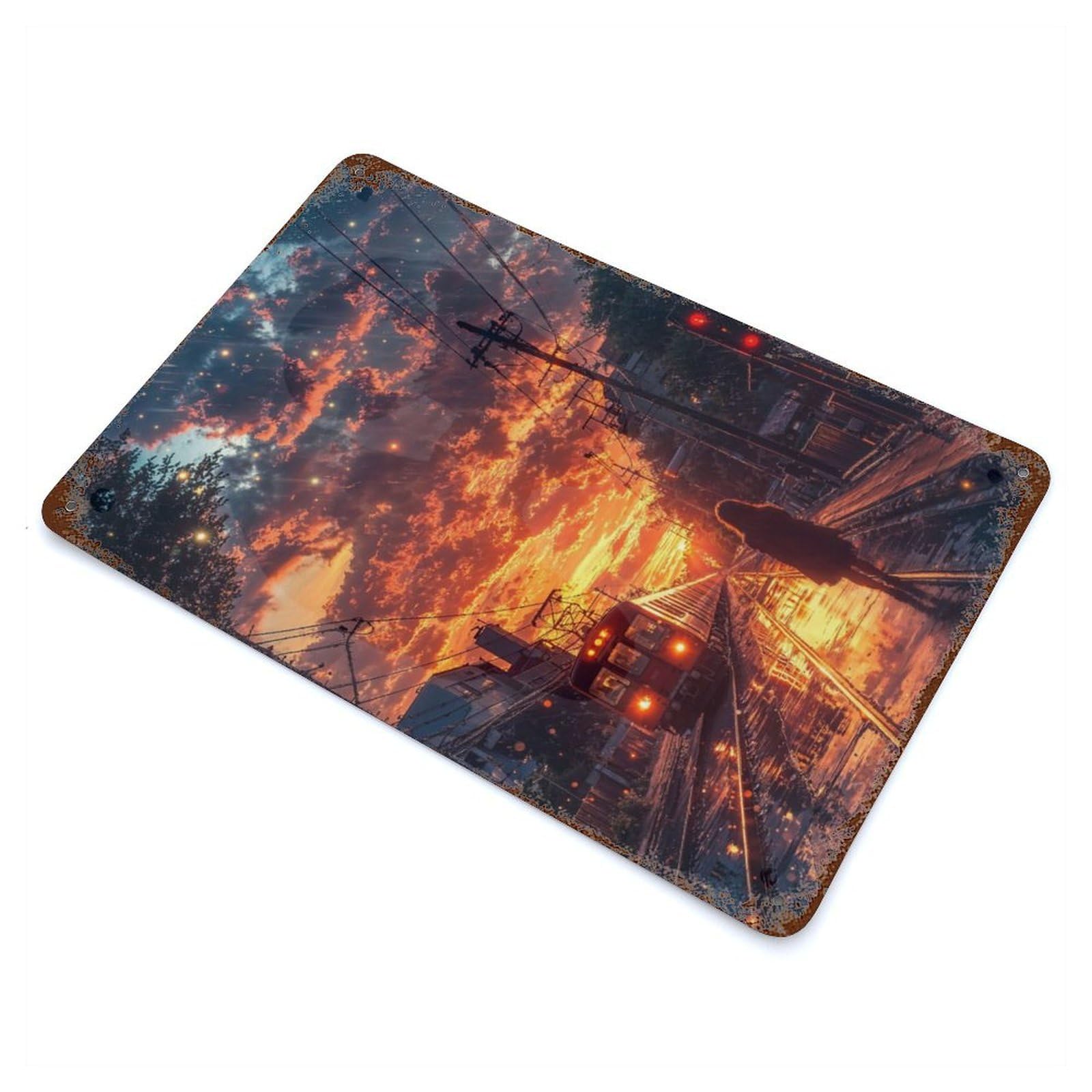 Japanese Train in Sunset Rustic Tin Plaque 11.8"x7.9", for Shed, Workshop And Garage Wall Decor, Rustic Home Decor