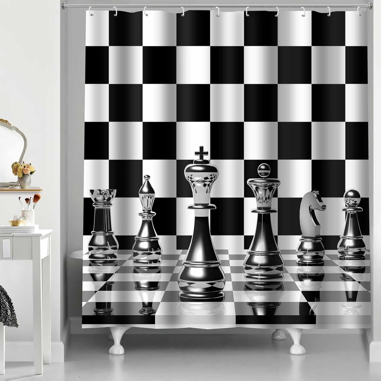 Chess Shower Curtain Black White Checkered International Chess Shower Curtains 72x72Inch Washable Fabric Boys Kids Teen Cool Board Game Bathroom Curtain with 12 Hooks