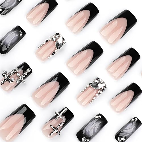 Miniatura 10 de BABALAL Uñas postizas cuadradas a presión, uñas postizas largas con pegamento rosa, uñas acrílicas con flores, 24 unidades, uñas ovaladas brillantes