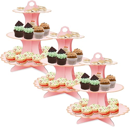 Soporte para cupcakes, juego de 3 platos de cartón de 3 niveles para postre, mini pasteles, frutas y dulces, bandeja para galletas, soporte para