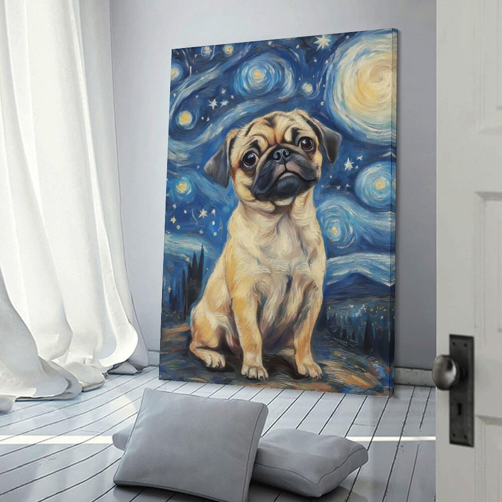 Junmoney Hanging Wall Art Pug in Starry Night, 12x18inch(30x45cm), for Wall Displays, Bedrooms Or Room Updates, Wall Decor Suited to Curated Displays