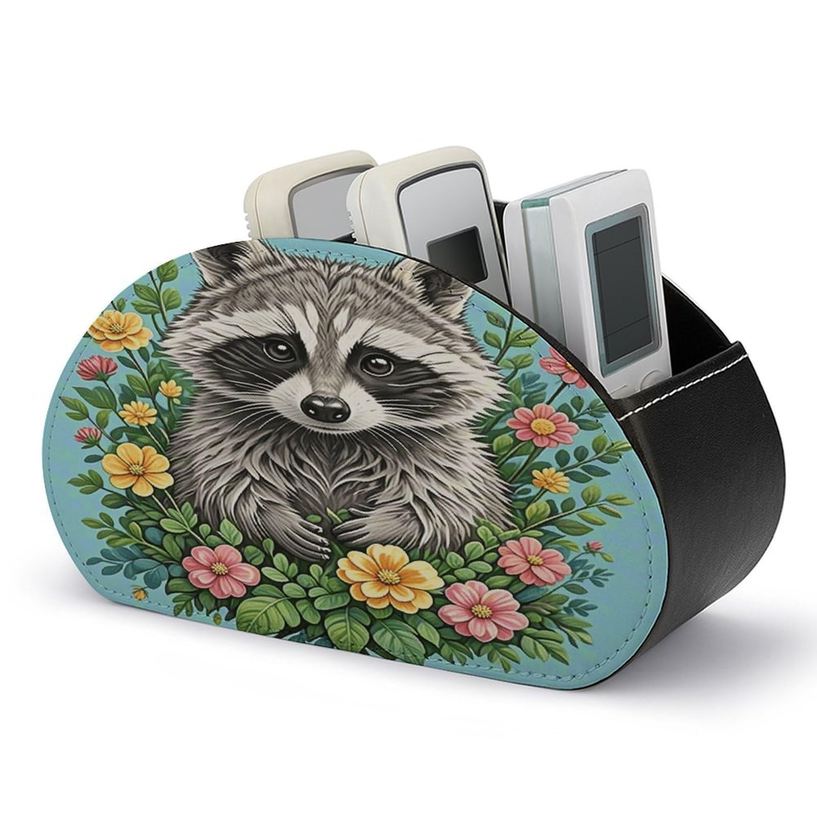 VstaDank Raccoon Remote Control Holder with 5 Compartments PU Leather TV Remoter Caddy Desktop Organizer TV Remote Holder Remote Box for Media Controllers Office Supplies