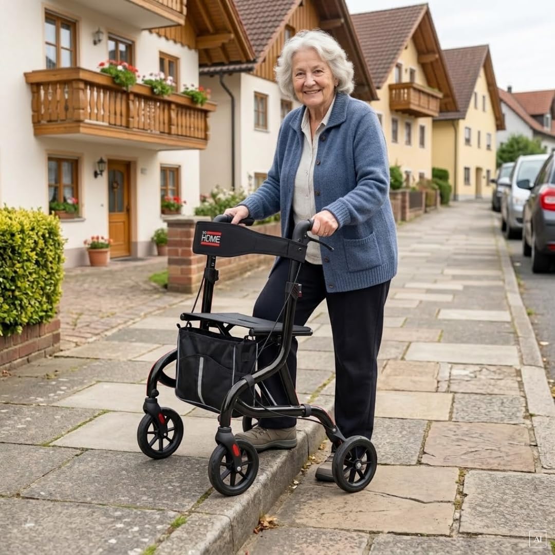 abc HOME Ultra-Leichtgewicht Rollator 6 kg – Aluminium Gehwagen klappbar bis 130 kg – Reise-Rollator mit Ankipphilfe, Sitz & Tasche – 5-fach höhenverstellbar – Schwarz (Nobles Schwarz)