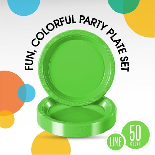 Exquisite Exquisite Lime Green Plastic Plates for Party 9" Lime Green Disposable Plates for Party Supplies 50 Pcs Disposable Dinner Plate Heavy Duty 350 GSM Plate Sets, Plastic Dinnerware Sets in use
