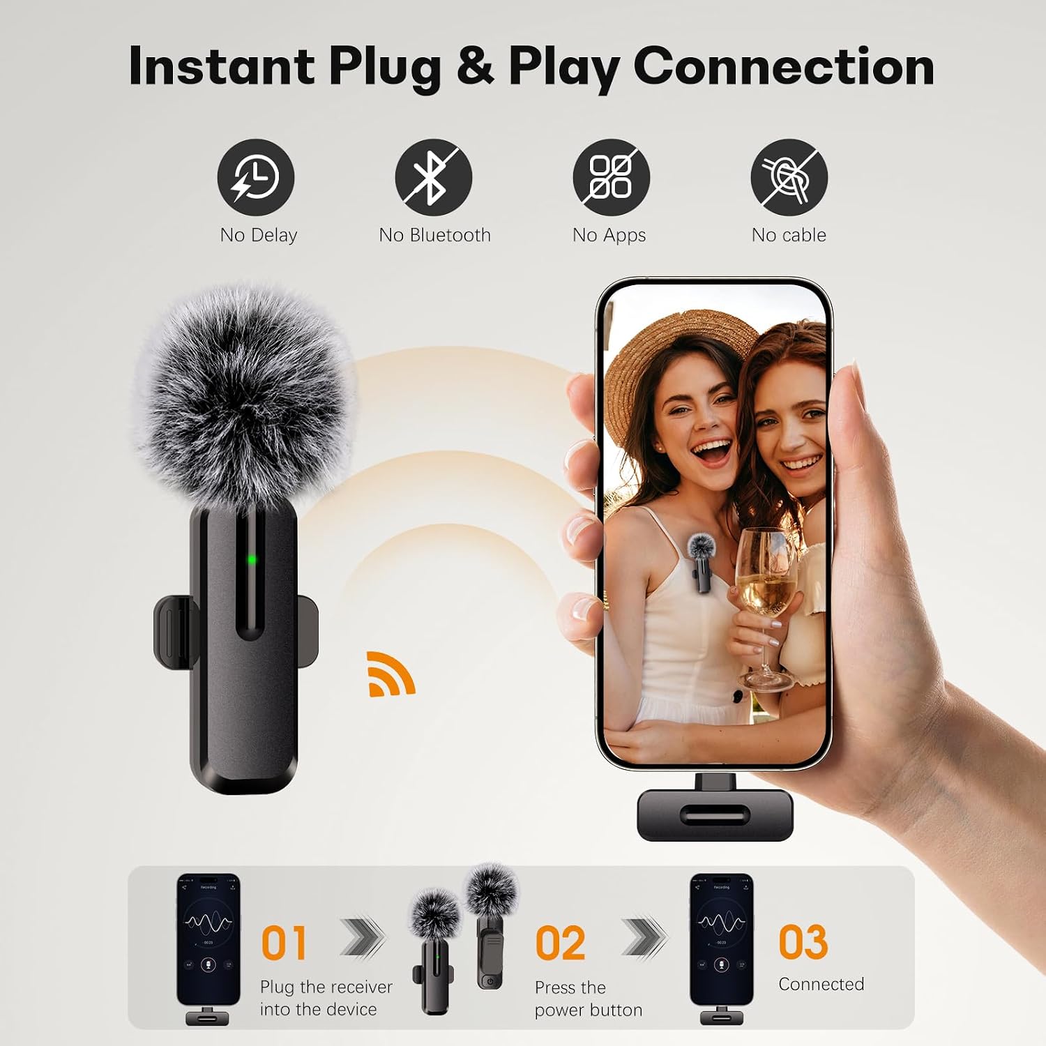 Wireless Lavalier Mini Microphone for iPhone, Android, 2 Pack Clip on Mini Mic with USB-C & Lightning, 2-in-1 Noise Reduction Lapel Mic for Video Recording, Podcast, Vlogging, YouTube