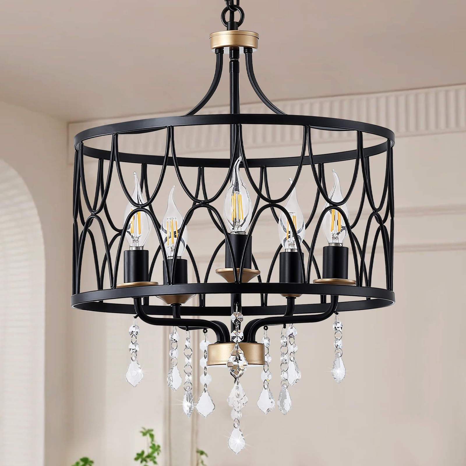 5-Lights Black Chandeliers for Dining Room Light Fixtures 15.7'' Modern Drum Crystal Industrial Chandelier Pendant Ceiling Light for Farmhouse Kitchen Living Room Bedroom Foyer Entryway Island