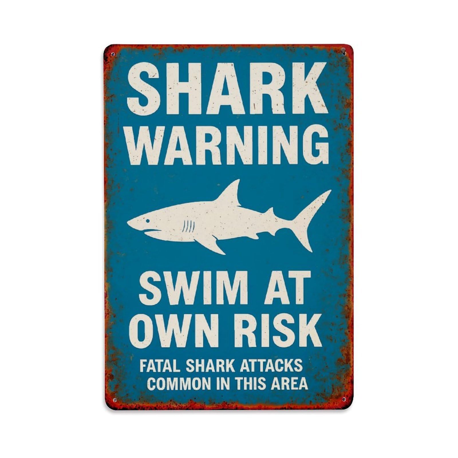 Jdyaojiesheng Vintage Shark Warning Swim At Own Risk Tin Sign Retro Metal Wall Decor Metal Poster, Home Bar Garage Farmhouse Cafe Wall Art Decoration 8X12inches