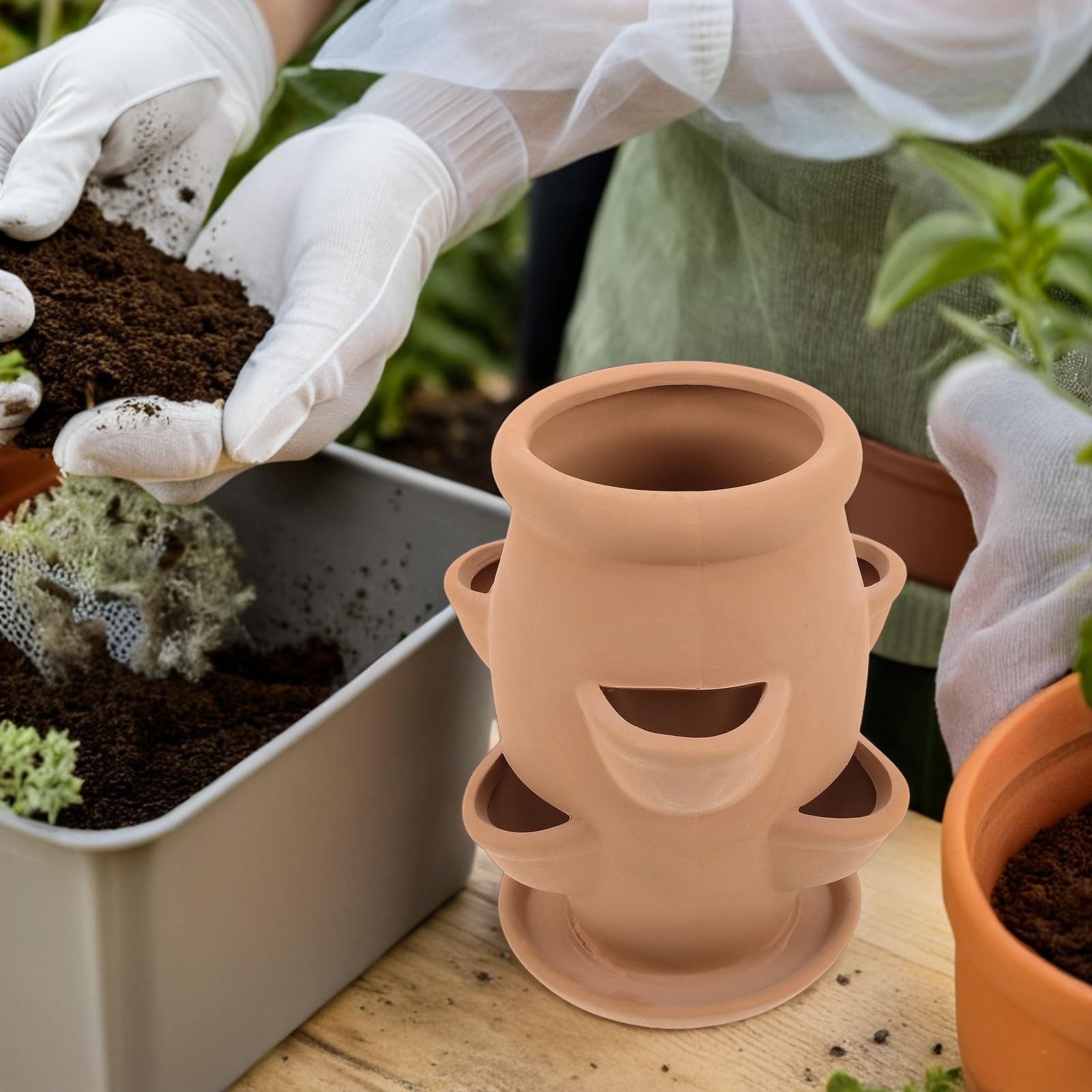 minkissy Jardinière Compacte Multi-Poches Kaki en Céramique pour Fraisiers et Plantes Succulentes 7.48X5.91X5.91In Adaptée Balcon et Extérieur