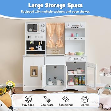 COSTWAY Wooden Kids Kitchen Playset, Pretend Play Kitchen with Ice Maker, Coffee Maker, Sink, Faucet, Microwave, Role Play Kitchens for Boys Girls (White)