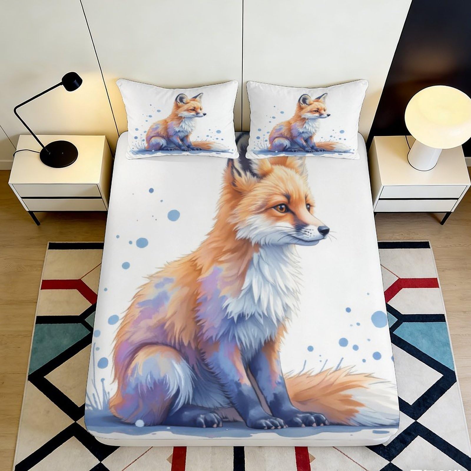 3D Printed Watercolor Fox Fitted Sheet Microfiber Soft Breathable Blue Splash Mattress Cover Bedroom Decor 90x200x25cm