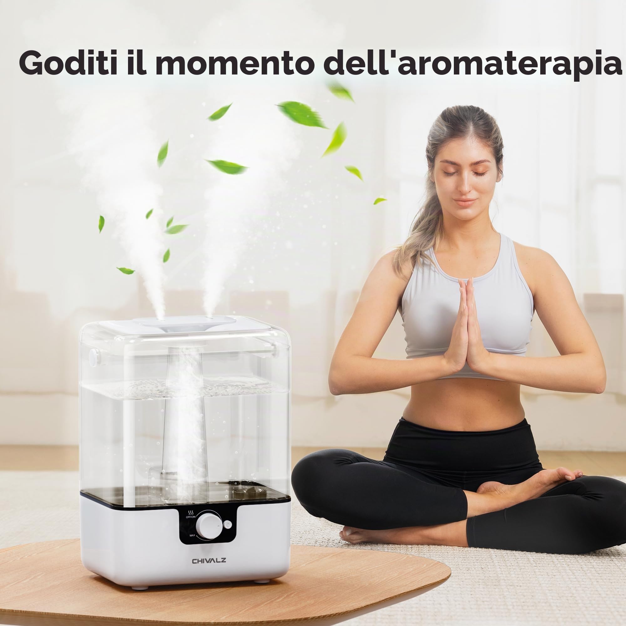 CHIVALZ Umidificatore Ambiente Bambini, 6L Umidificatore a Nebbia Fredda, 26dB Silenzioso per Camera da Letto e Bambini, Top-Fill Diffusore, Ugello a 360°, 50H Runtime, Luce Notturna, Bianco