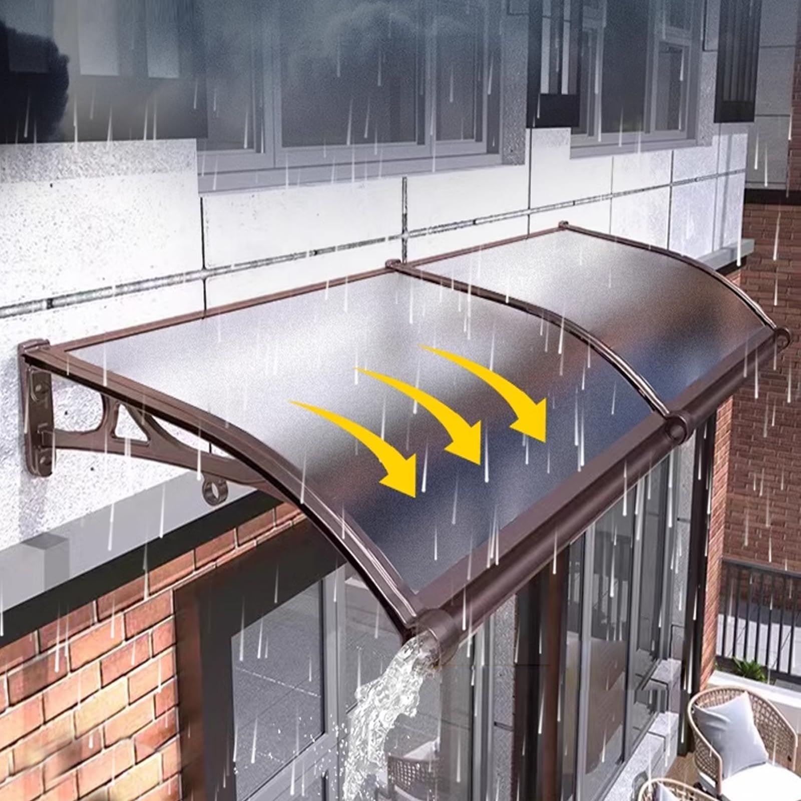 Toldo para puerta exterior, protección UV, cubierta de policarbonato, resistente a la corrosión, soporte de aluminio, protector de lluvia para puertas delanteras, 100 x 380 cm, refugio resistente a la