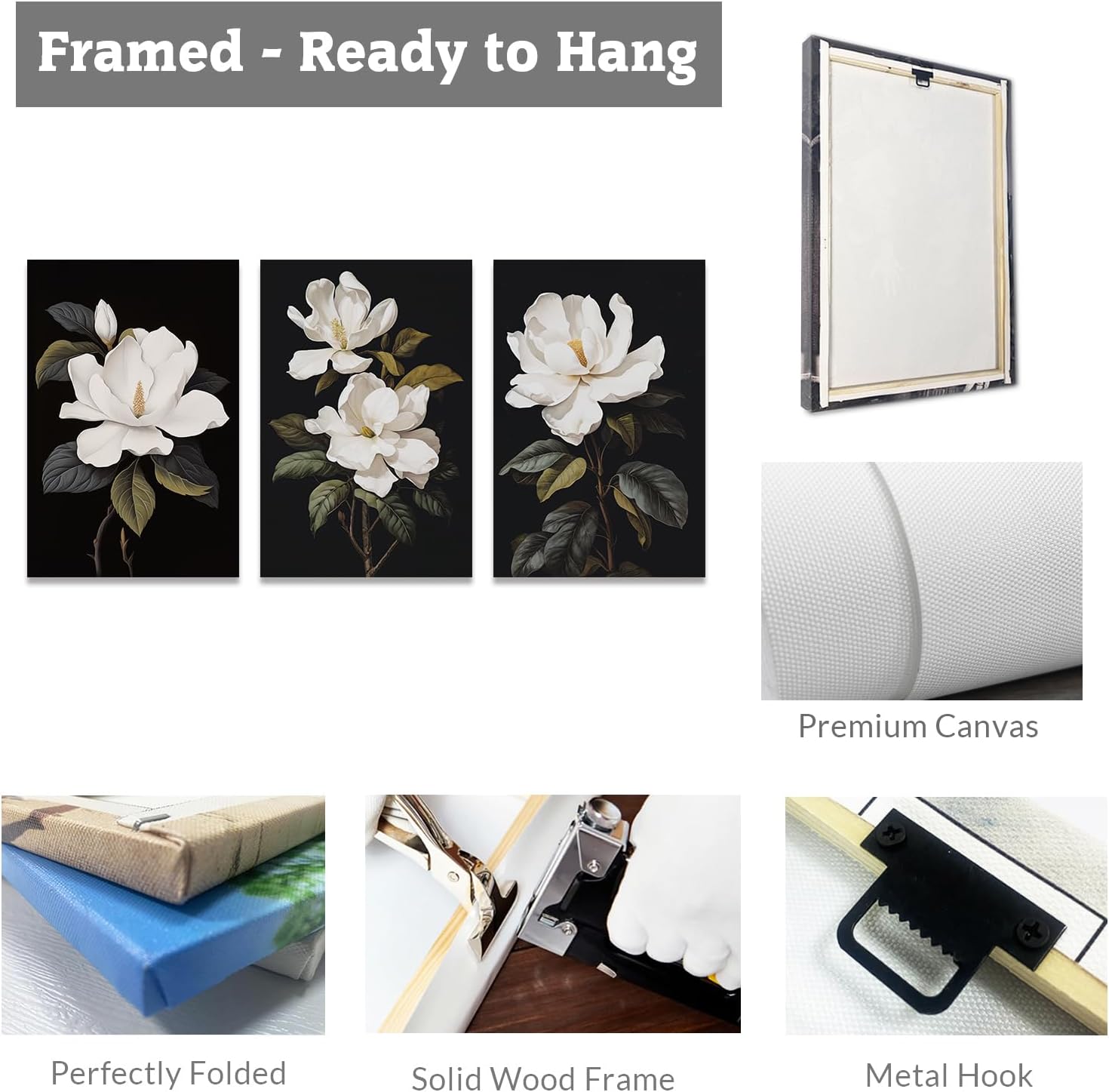 CCWACPP 3 Piece Floral Canvas Wall Art Magnolia Flowers Pictures Black and White Flowers Painting Prints Modern Bedroom Living Room Home Decor Framed (A, (16"x24"x3))