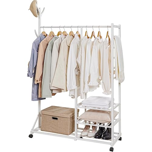 Homde Clothing Rack Bamboo Garment Rack Rolling Coat Rack Multifunctional Bedroom Hanging Rack Clothing Organizer Hat Tree 3 Layers Wardrobe Storage Shelves with Wheels 6 Hooks (White)