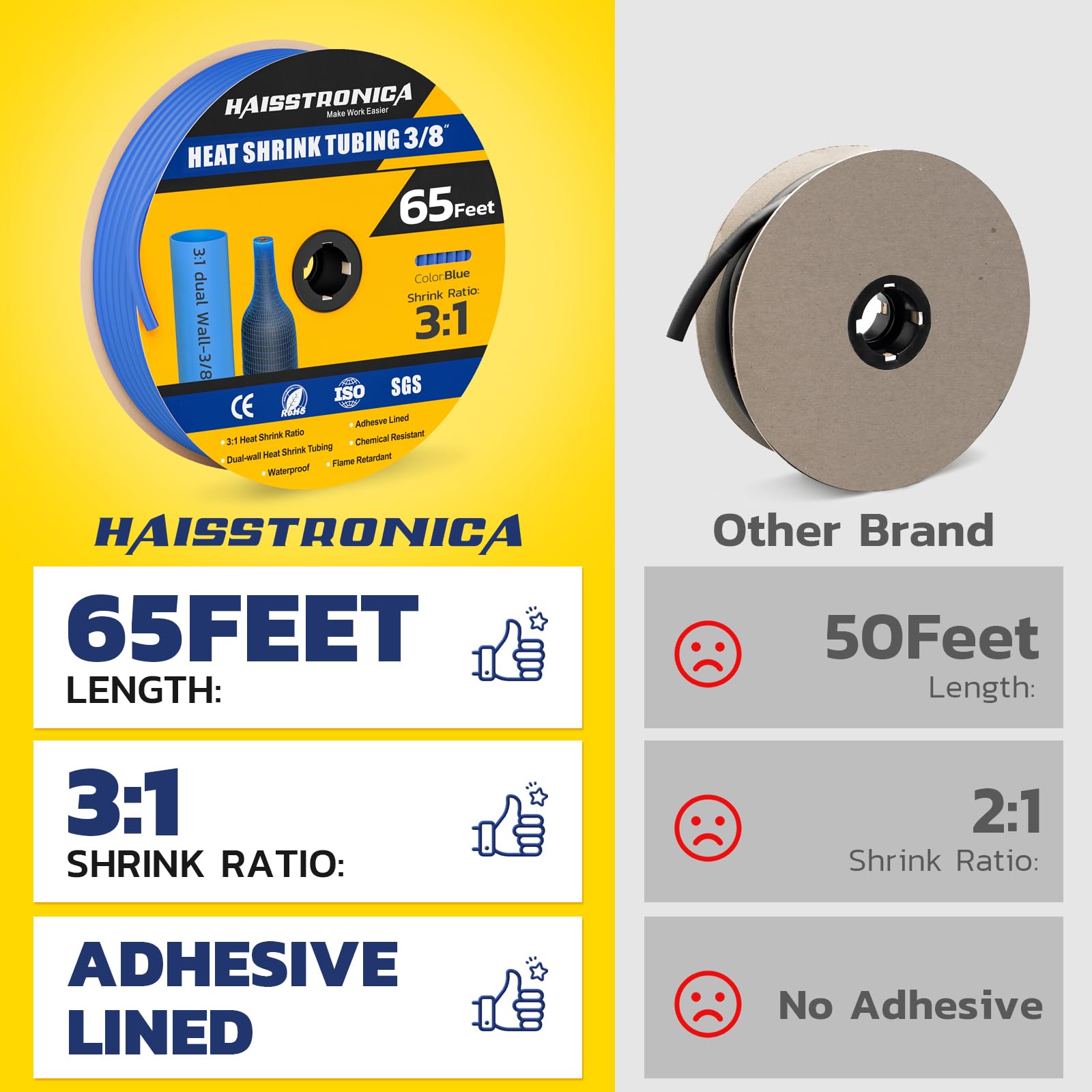 haisstronica 3:1 Heat Shrink Tubing, Shrink Ratio Adhesive Lined Marine Grade Heat Shrink Tube for Home, Automotive and Industrial (Blue) 65FT 3/8inch