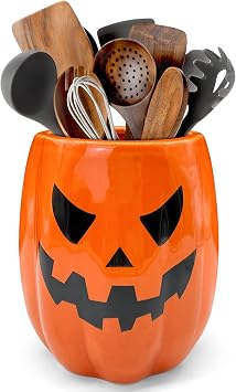 pinata Halloween Kitchen Decor Ceramic Pumpkin Utensil Holder, Cute Halloween Utensils Holder, Ceramic Utensils Crock for Rustic Farmhouse Indoor Kitchen Decorations6.3 Inches