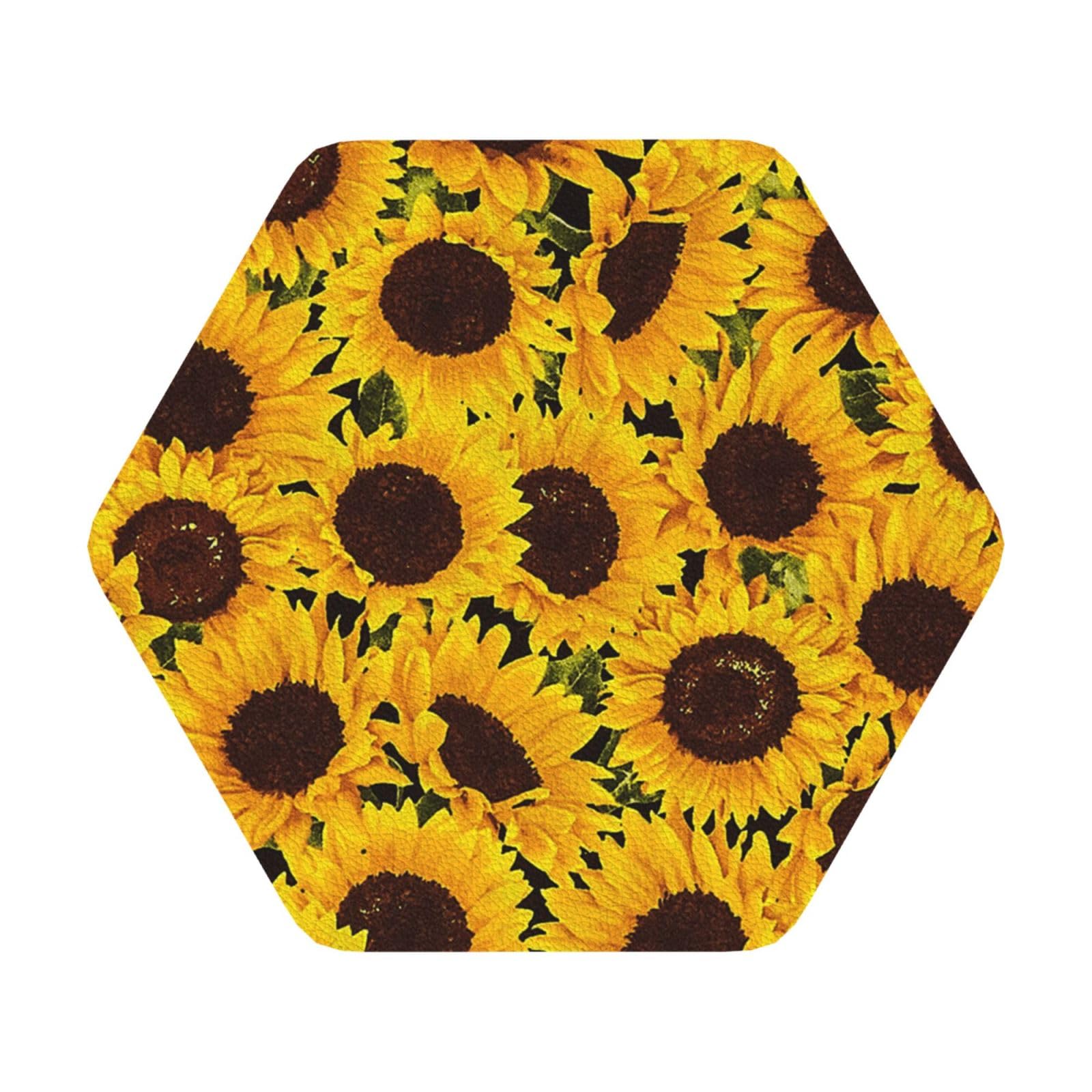 Yellow Sunflowers PU Leather Coasters Set of 6 Hexagon Drink Coasters