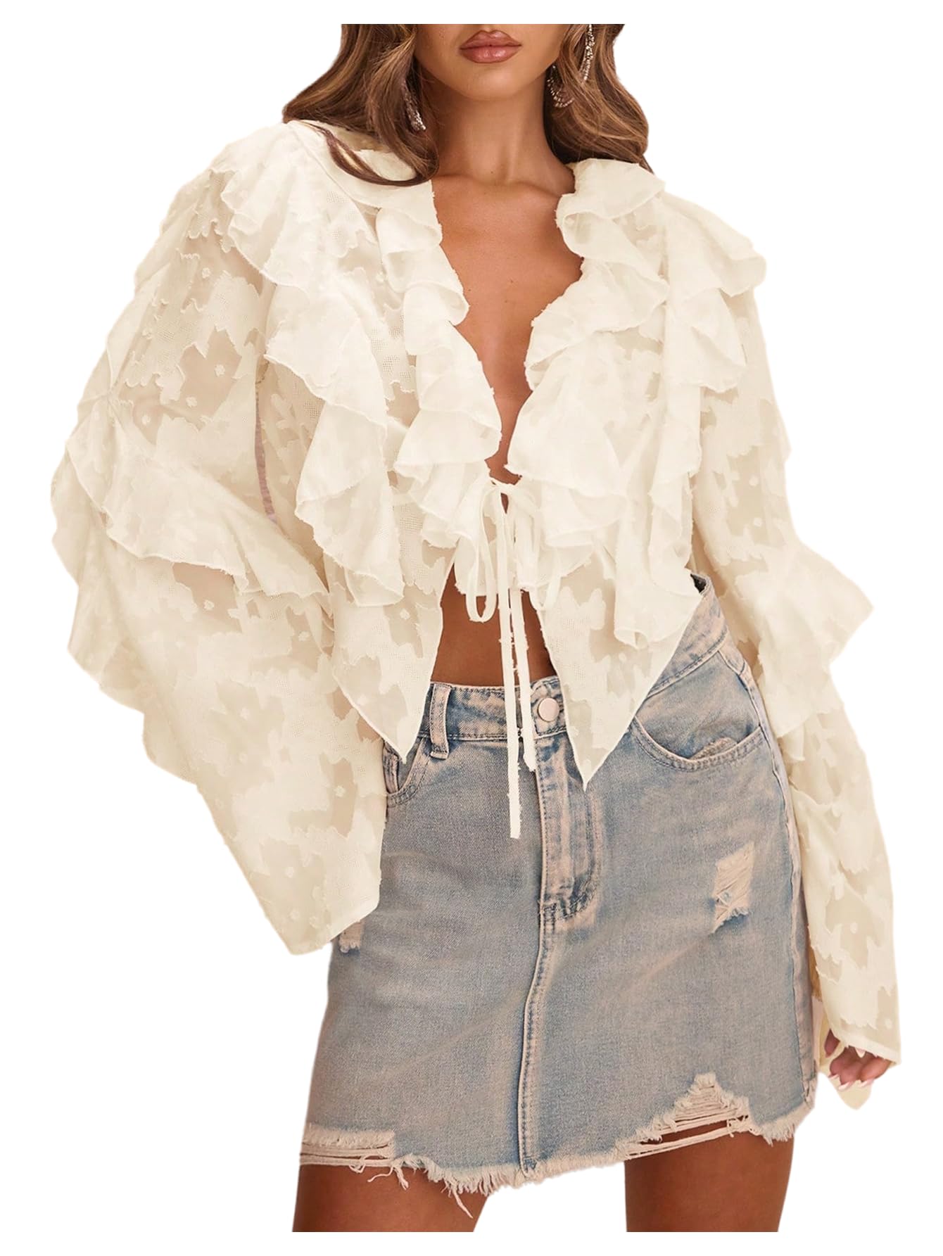 MakeMeChic Women's Tie V Neck Blouse Ruffle Trim Bell Sleeve Elegant Going Out Crop Tops Fall Clothes