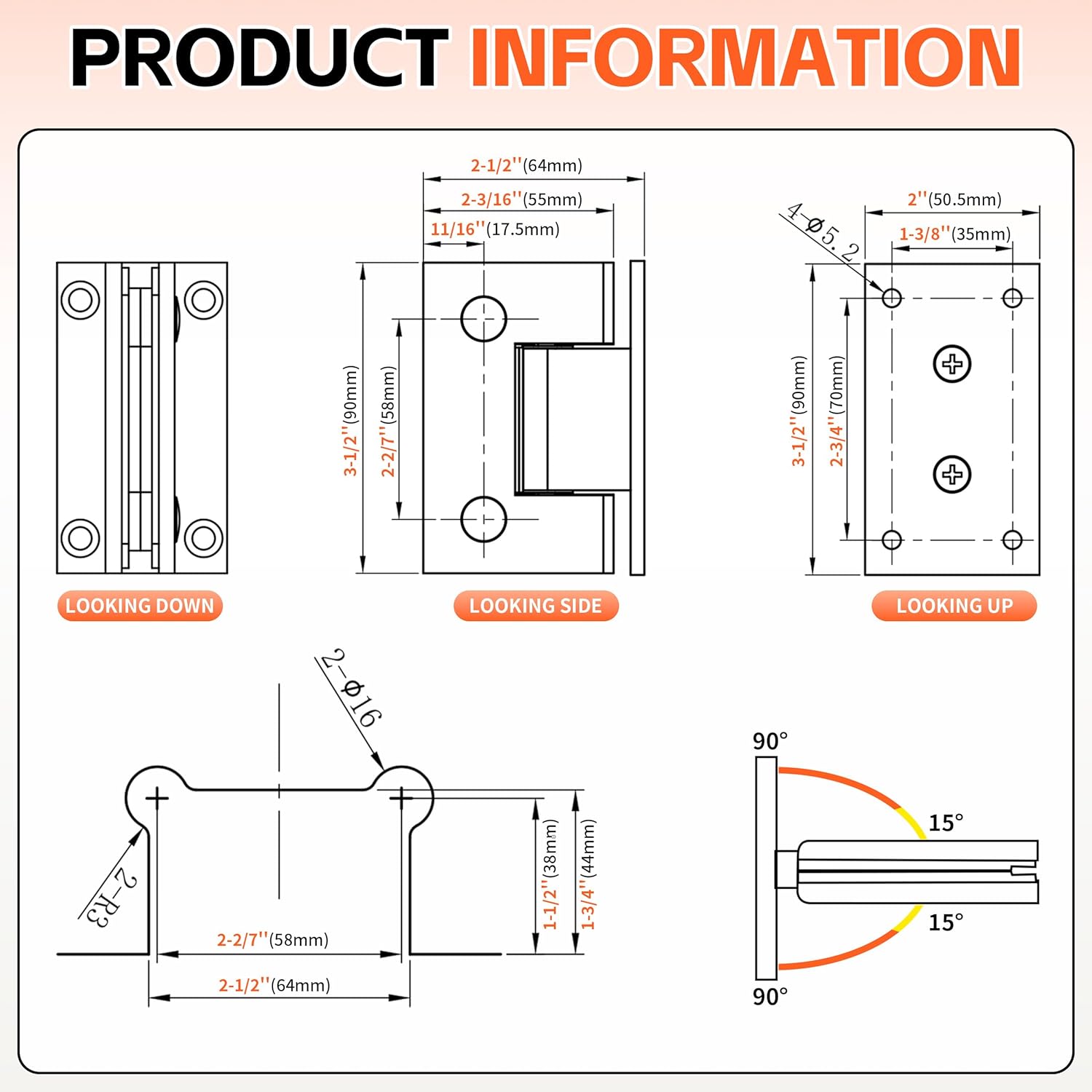 CKB Shower Glass Door Hinge, 90 Degree with Solid Brass, for 3/8"(10mm) to 1/2"(12mm) Thick Tempered Glass, Frameless Shower Door Replacement Hardware kit, Chrome
