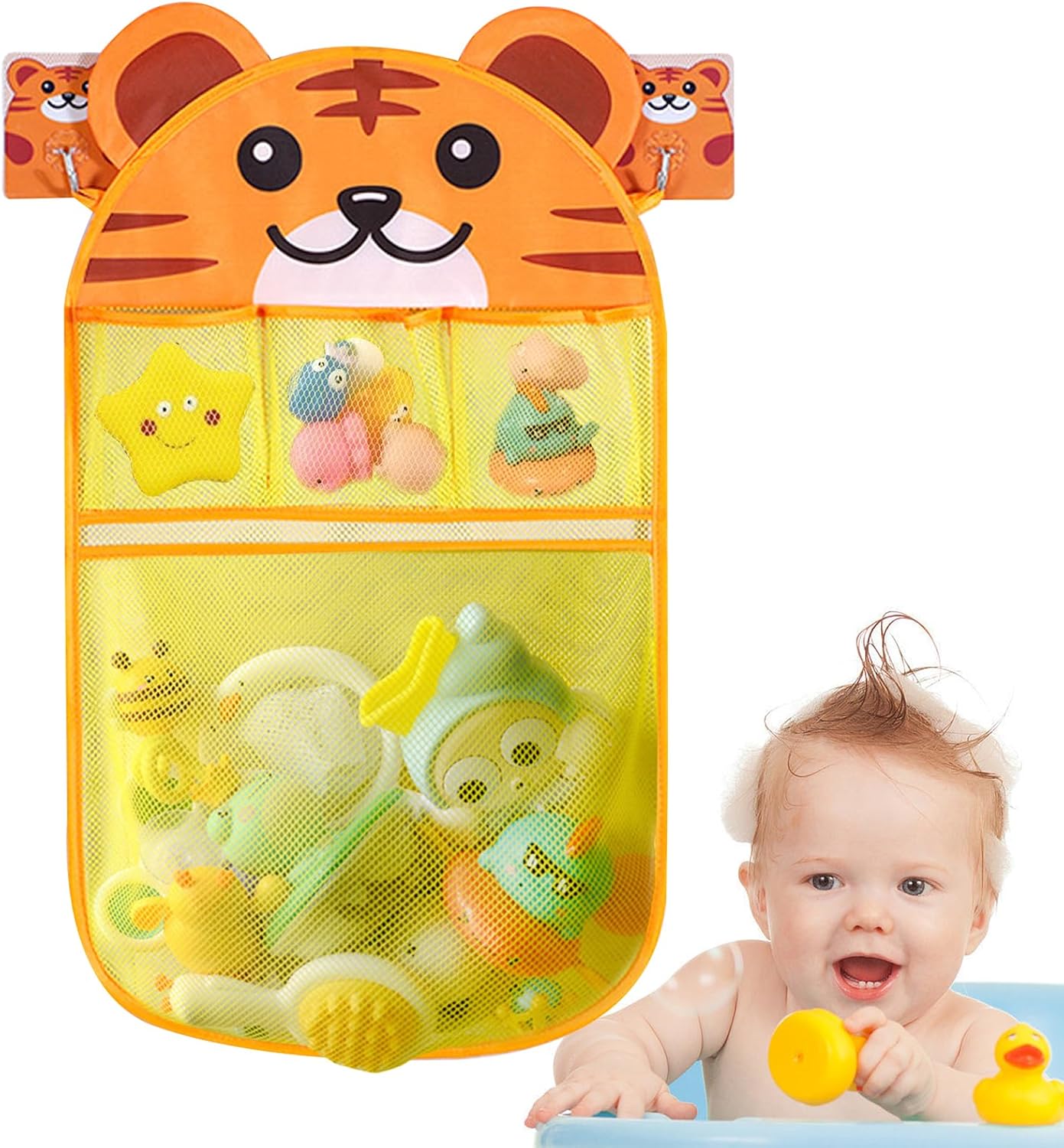 Sac de rangement pour jouets de bain – Organiseur en maille avec fonction de suspension, idéal pour trier et ranger les jouets dans le bain (blanc