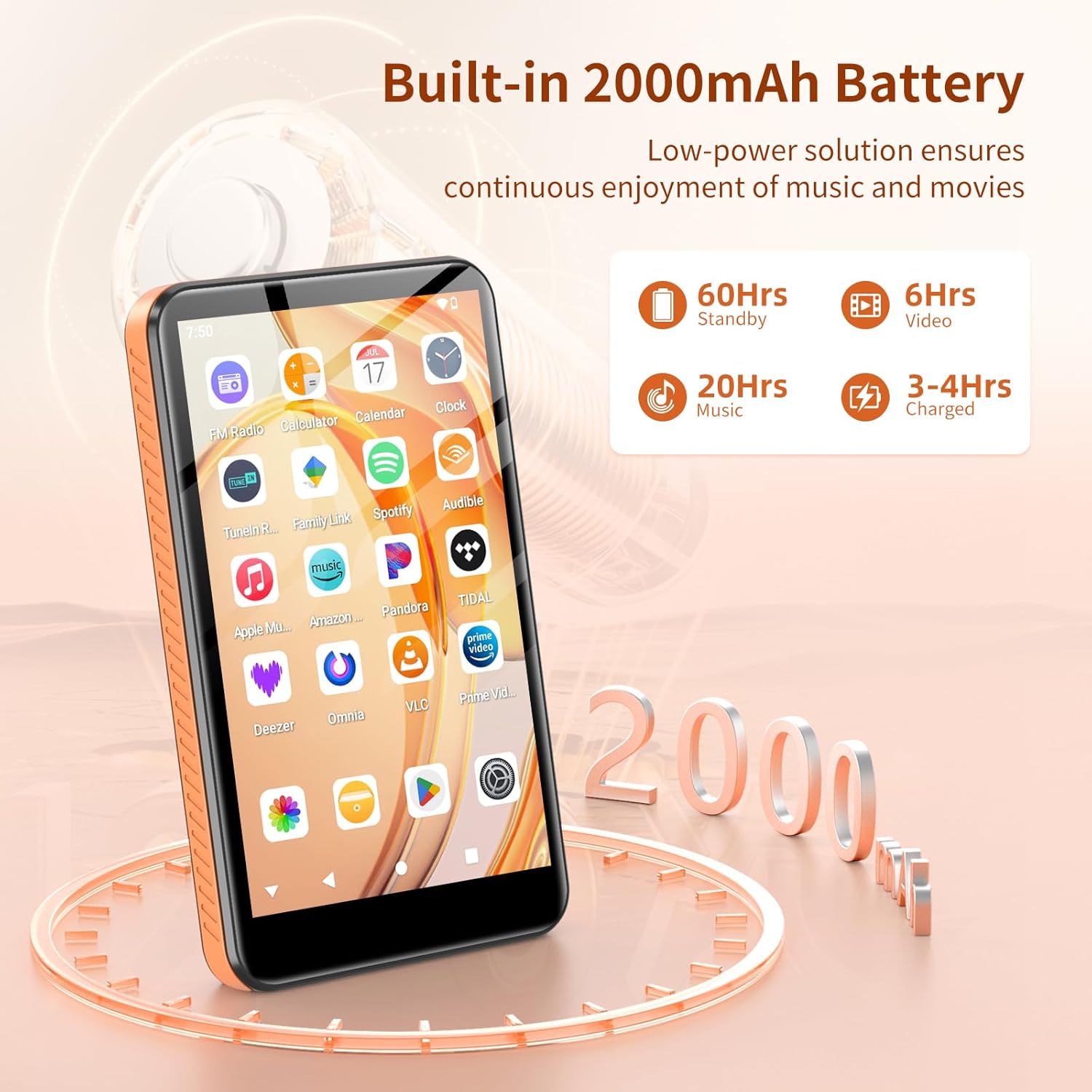 Android 13 MP3 Player with Bluetooth and WiFi, MP3 MP4 Player with 4" Touchscreen and Speaker, 4GB RAM & 32GB ROM, Spotify Music Player with Audible, Amazon Music, Play Store (Orange)