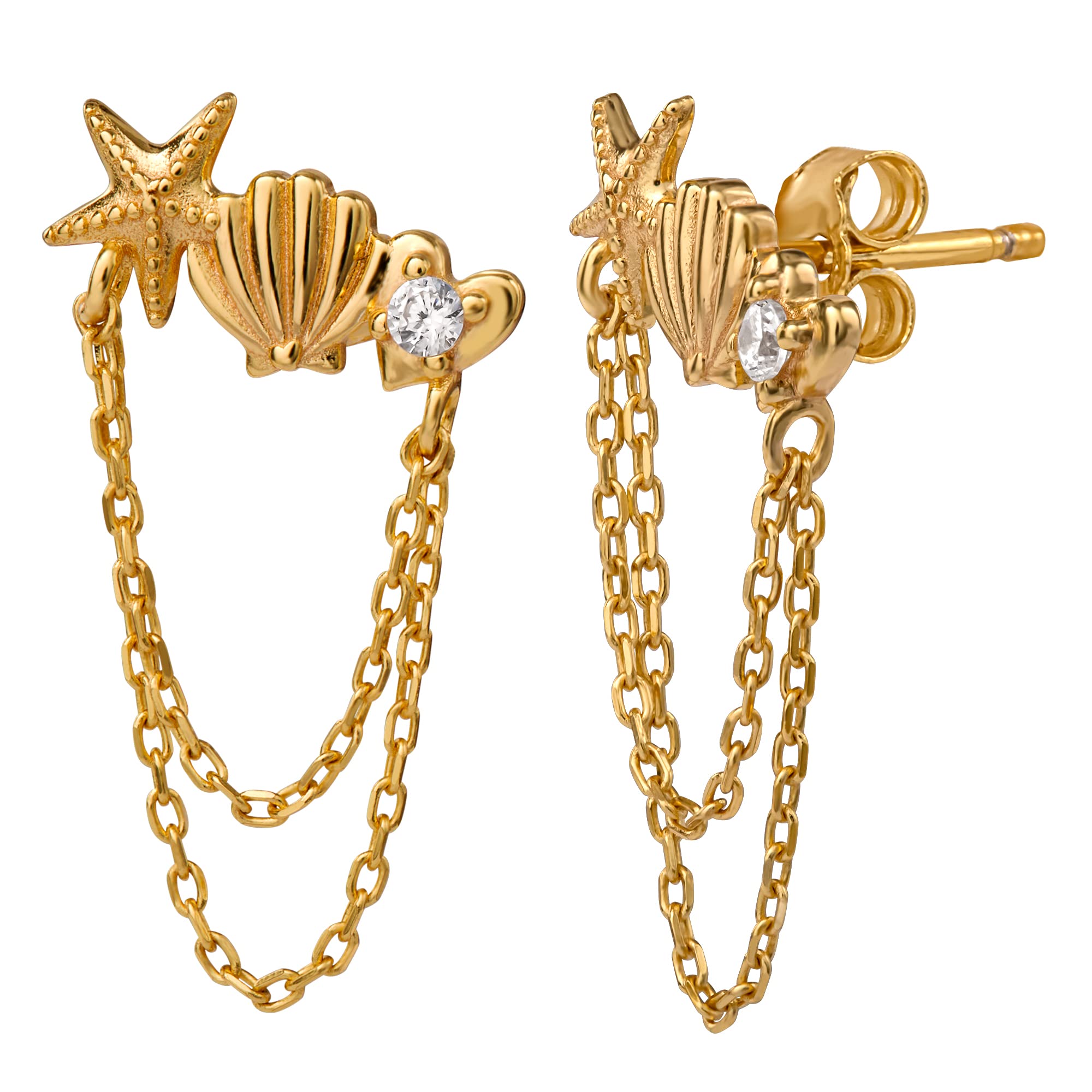 Disney Princess The Little Mermaid Gold Plated Sterling Silver Seashell Chain Dangle Earrings, Officially Licensed