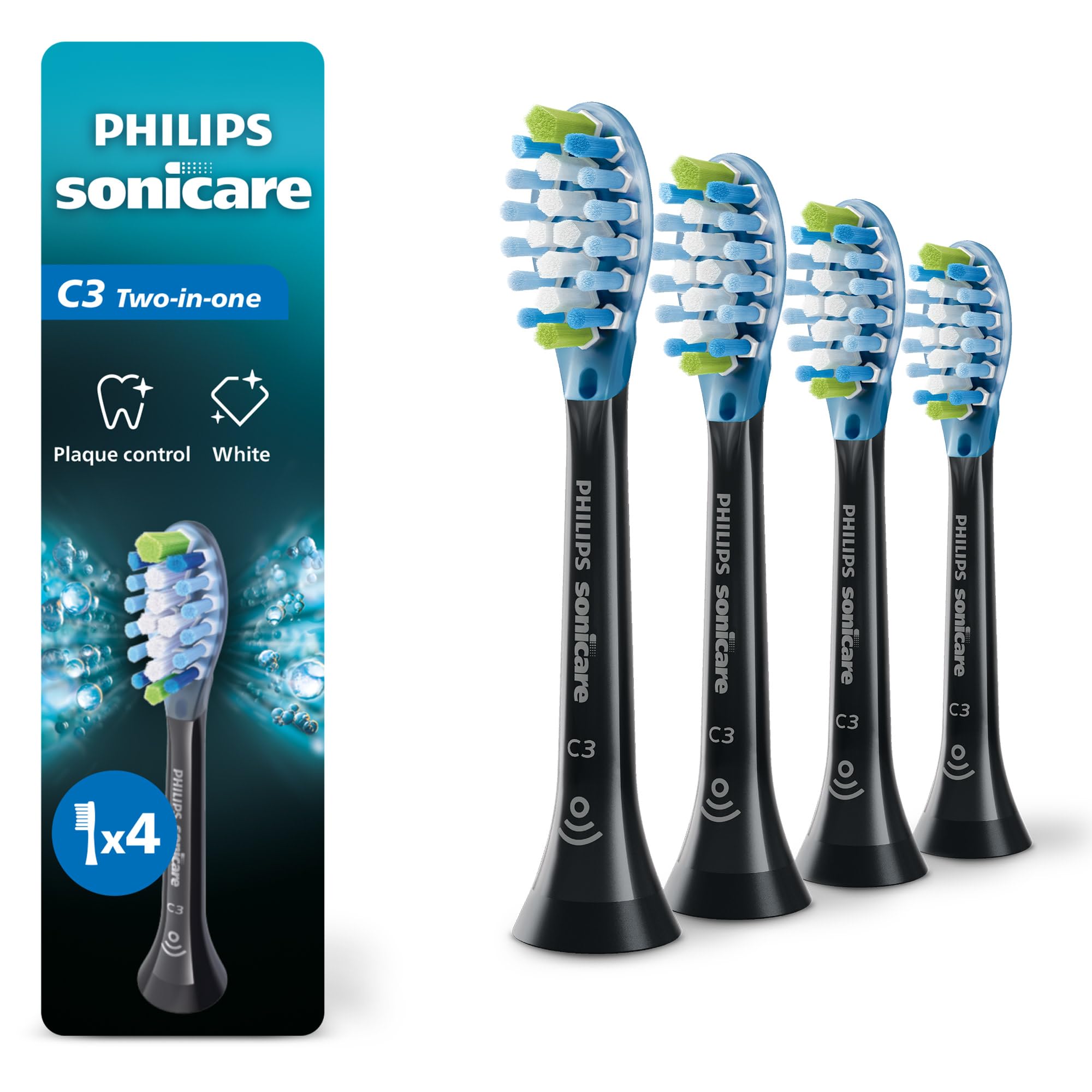 Philips Sonicare C3 Two-in-One - Genuine Replacement Electric Toothbrush Heads, Black, 4 Pack One Year Supply, HX9044/95