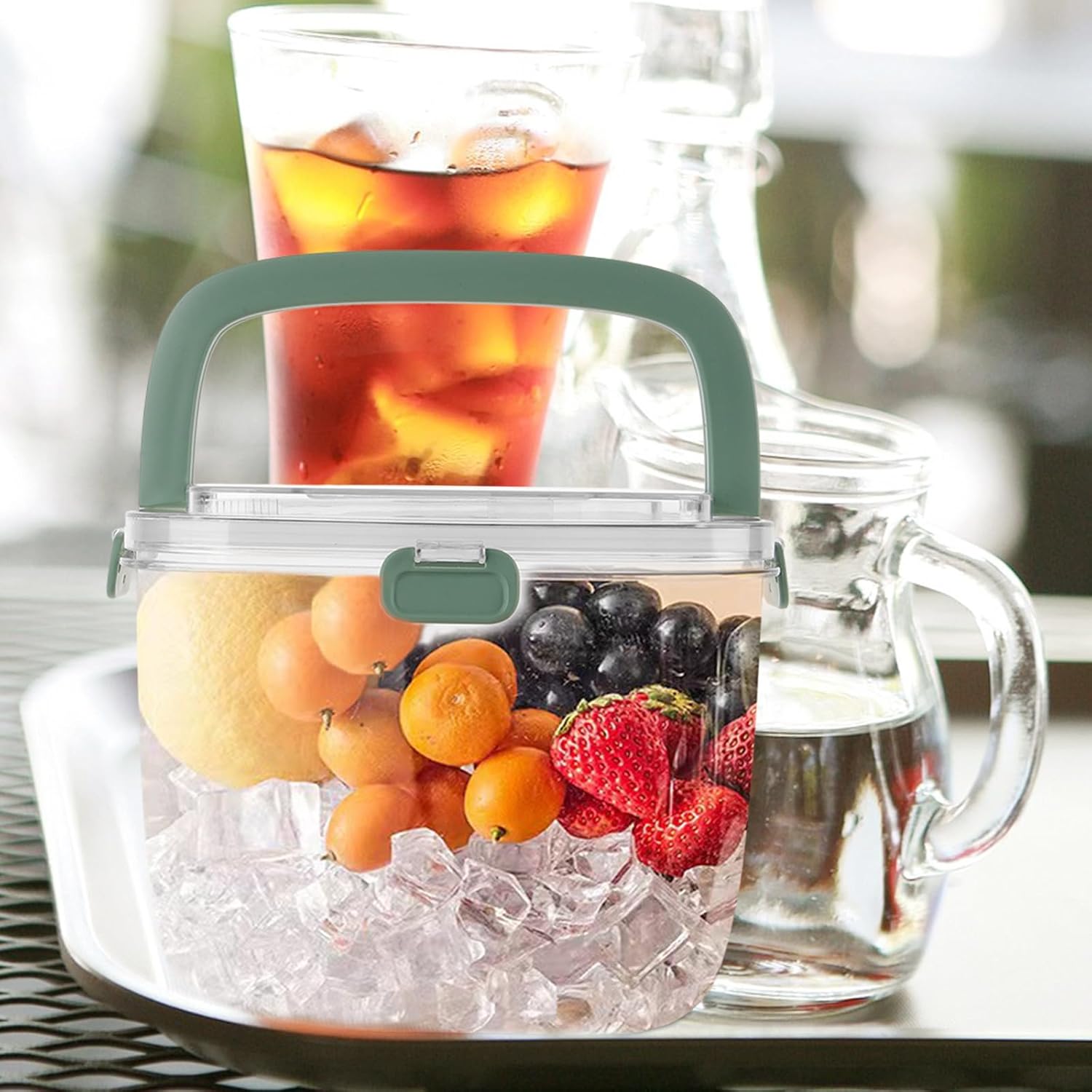 Ipetboom Ice Cube Storage Bucket Large Green Plastic Reusable Bar Ice Bucket for Parties Wine Cooler Portable