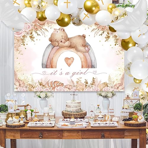Miniatura 3 de Telón de fondo bohemio para baby shower para niñas, con texto en inglés "It's A Girl", oso bohemio, arco iris, flor rosa, fondo de fotografía,