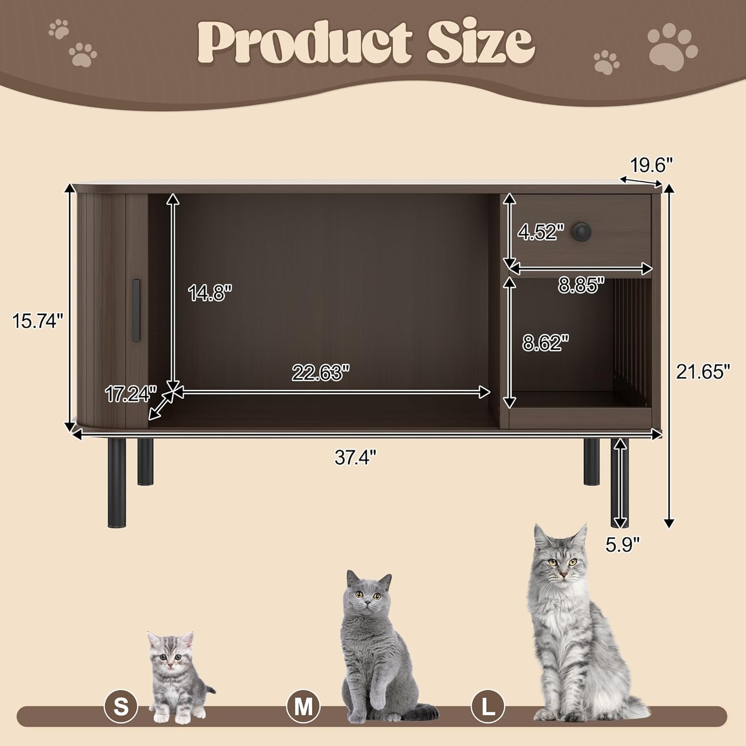 37.4" Cat Litter Box Enclosure Furniture with Sliding Door, Hidden Cat House with Drawer, Charging Station, Indoor Cats Cabinet TV Stand End Table for Living Room, Brown