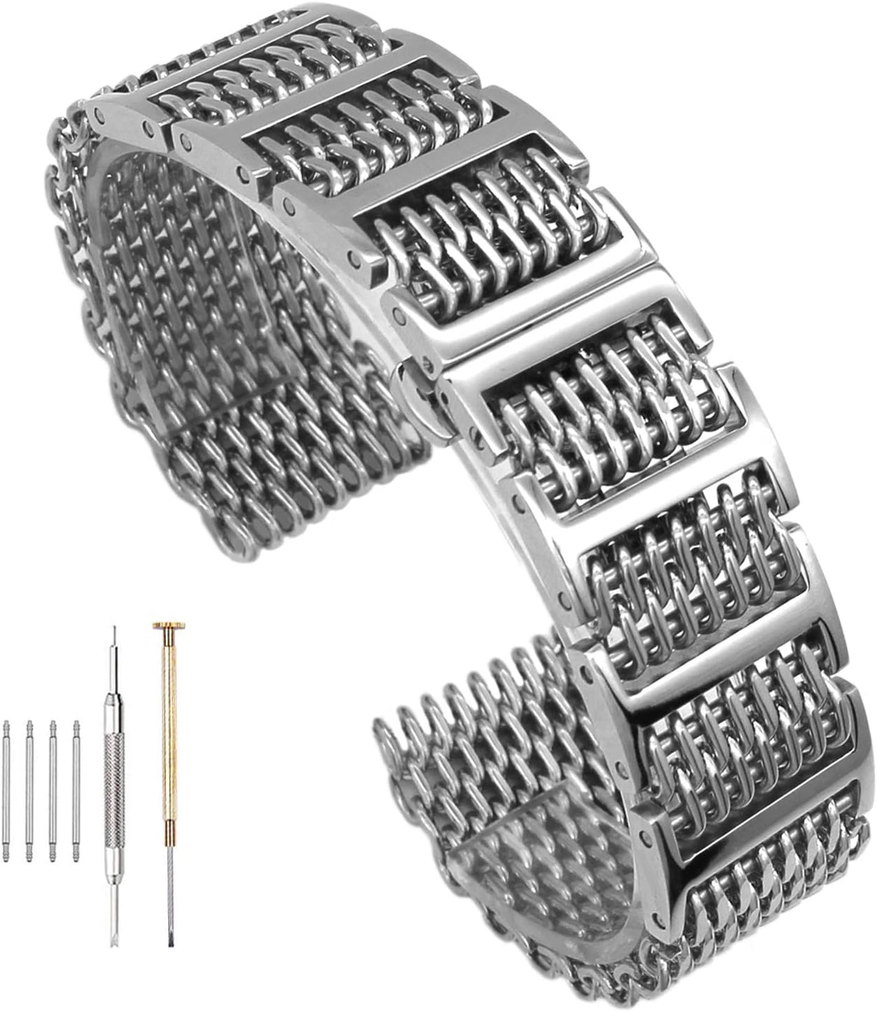 20mm/22mm24mm Shark Mesh H Link Polished Stainless Steel Watch Band Butterfly Buckle Silver/Black (20mm, Silver)