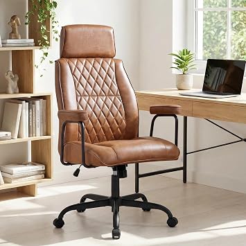 Furniliving Leather Office Chairs, Mid Century Modern Office Chair with Adjustable Headrest, High-Back Adjustable Swivel Computer Chair with Wheels and Arms, Brown