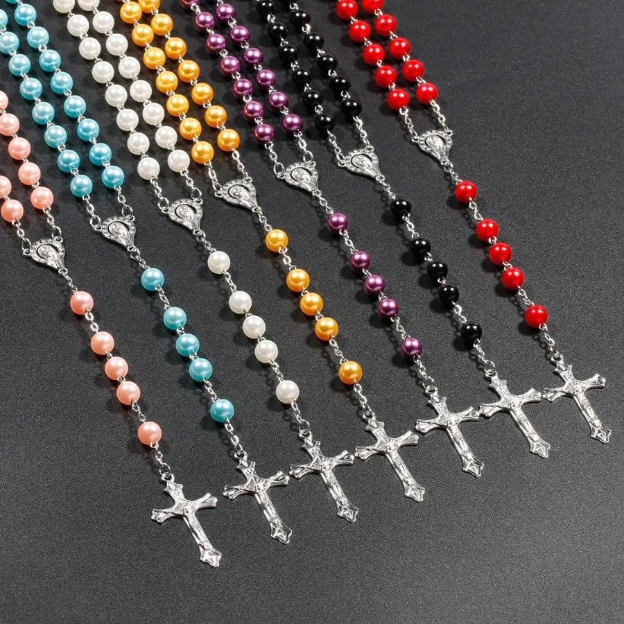 Collier Croix Perles Chrétien Bijou Religieux Vierge Marie pour Tenue de Messe et Quotidien - 3