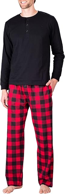 SLEEPHERO Menís Pyjama Set Pyjamas for Men 2 Piece PJ Set with Cotton Knit Men Pyjama Pants and Long Sleeve Henley T-Shirt Black with Buffalo Check Medium