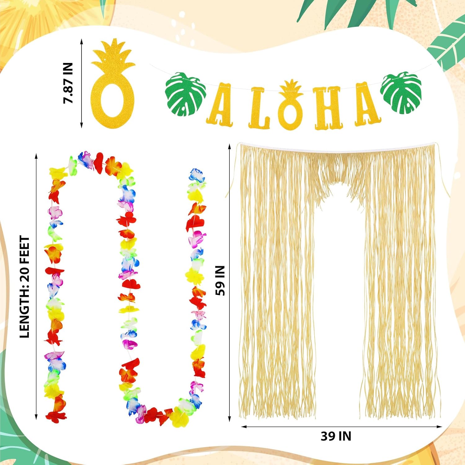 Dingion 4 Pcs Hawaiian Aloha Party Decor Luau Theme Party Supply Tiki Decor Summer Raffia Door Curtain, Gold Glittery Aloha Banner, 2 Tropical Luau Leis for Hawaiian Holiday Birthday Wedding Beach