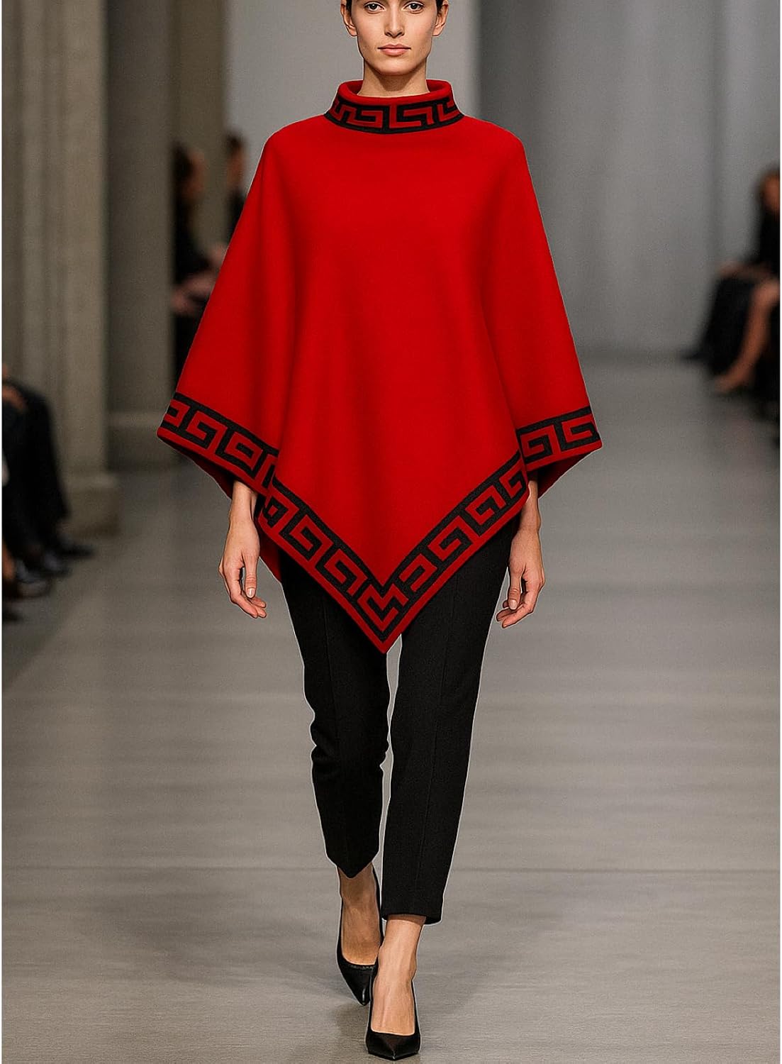 Women’s Greek Key Pattern Poncho, High Neck, Asymmetric Hem, Geometric Pattern, Wester Style Knitted Sweater Women’s Greek Key Pattern Poncho, High Neck, Asymmetric Hem, Geometric Pattern, Wester Style Knitted Sweater