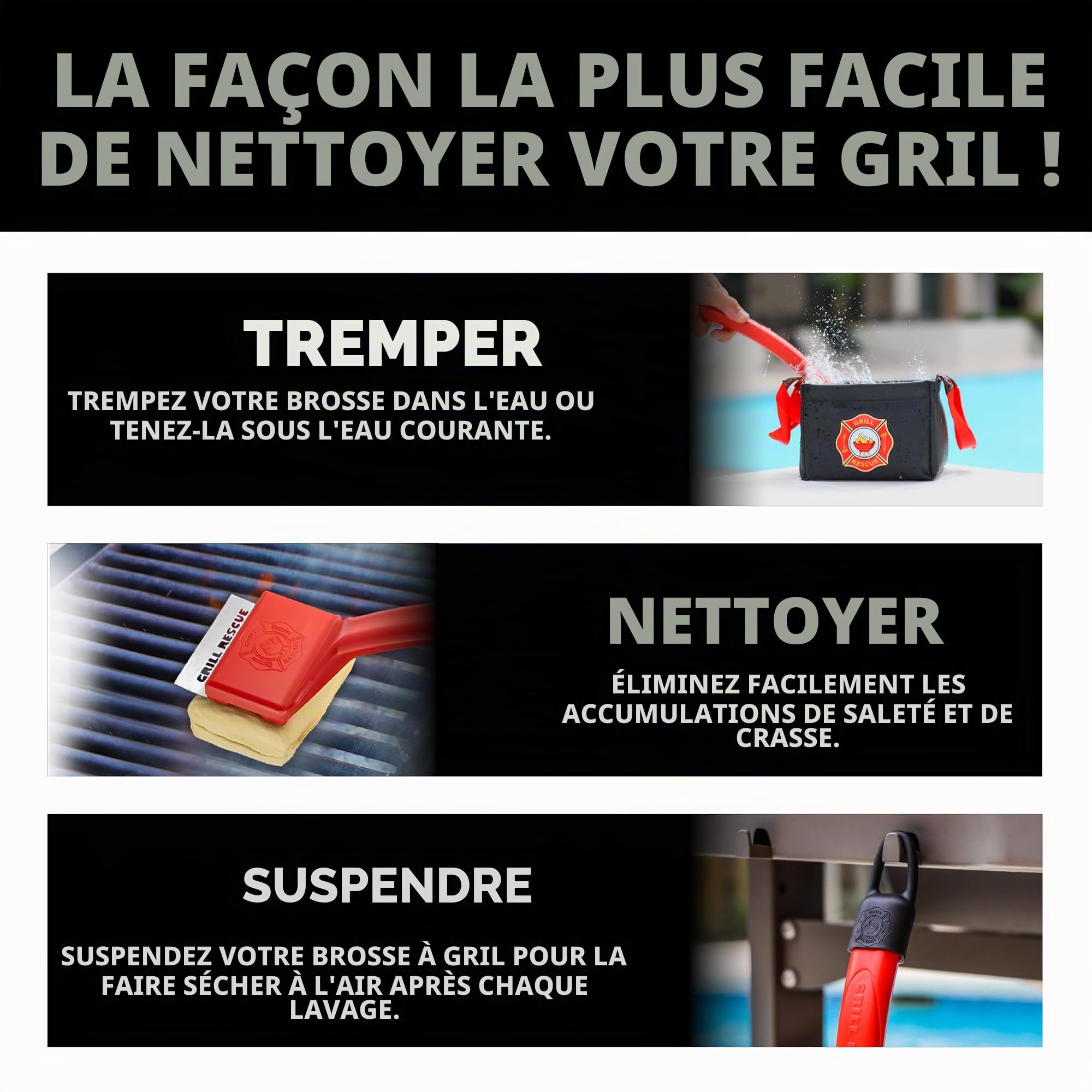 Brosse de barbecue sans poils – Brosse de barbecue sûre pour grilles à gaz, charbon, fonte et acier inoxydable – Brosse de nettoyage durable et résistante à la chaleur avec tête remplaçable et crochet