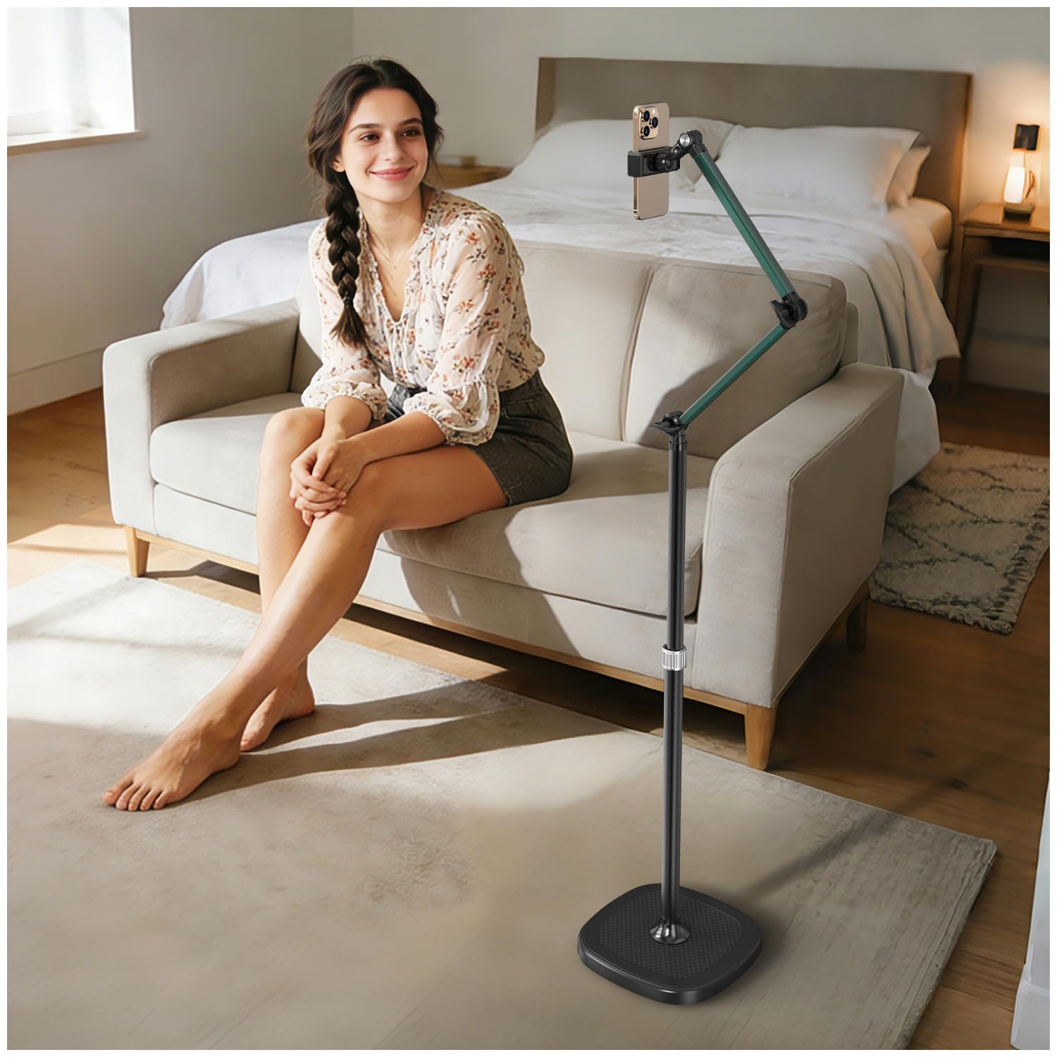 Trepied Smartphone Bureau, Hauteur 164 cm Porte Telephone, Support Telephone pour Filmer, 3 Réglages .Idéal pour Enregistrer des Vidéos TikTok et Diffuser en Direct Votre Vie en Cuisine. (Agrafe)