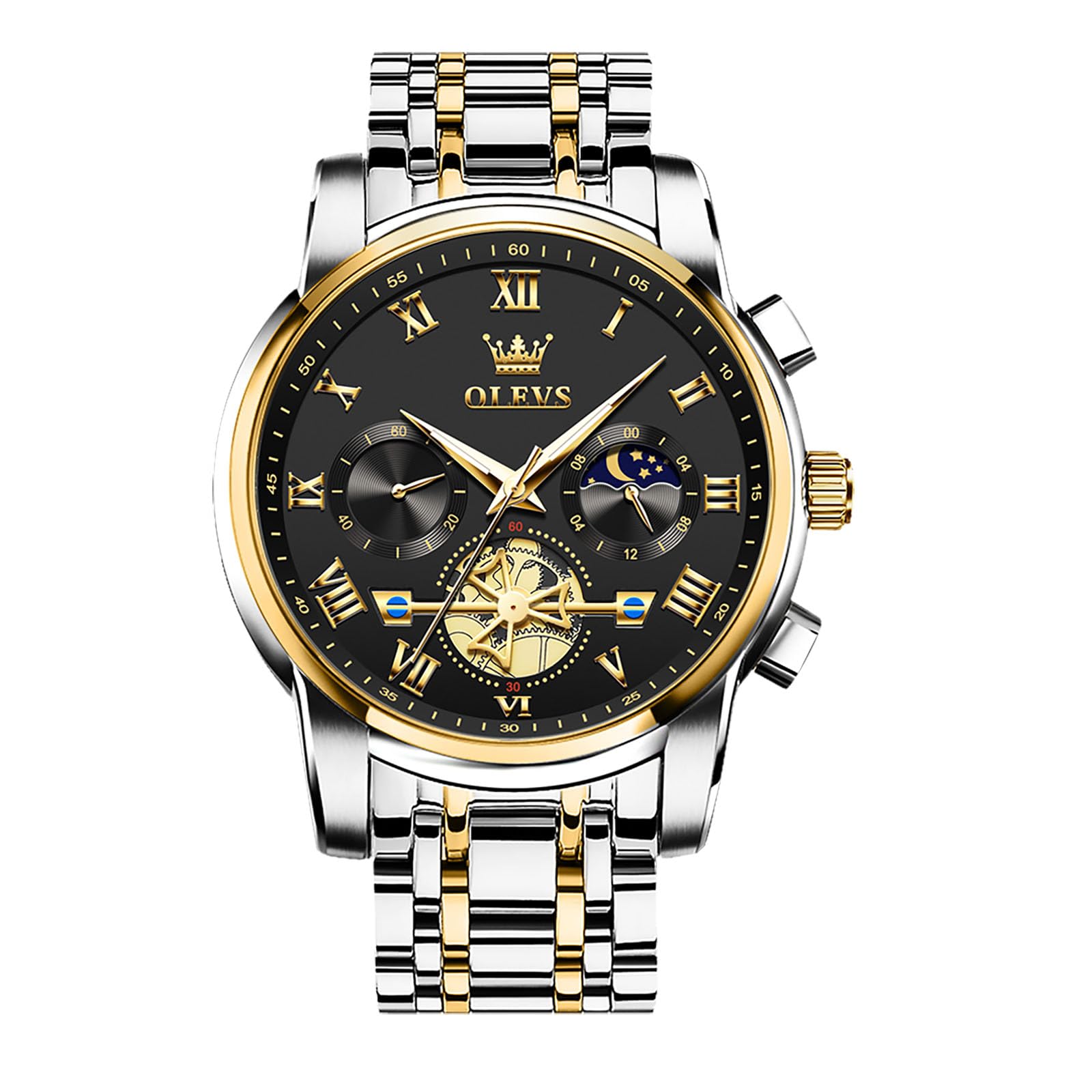 OLEVS Men's Chronograph Watch, Gold Silver Tone Stainless Steel Analog Quartz Watch, Multi-Function Waterproof Date Diamond Roman Numerals Dial Dress Watch for Men