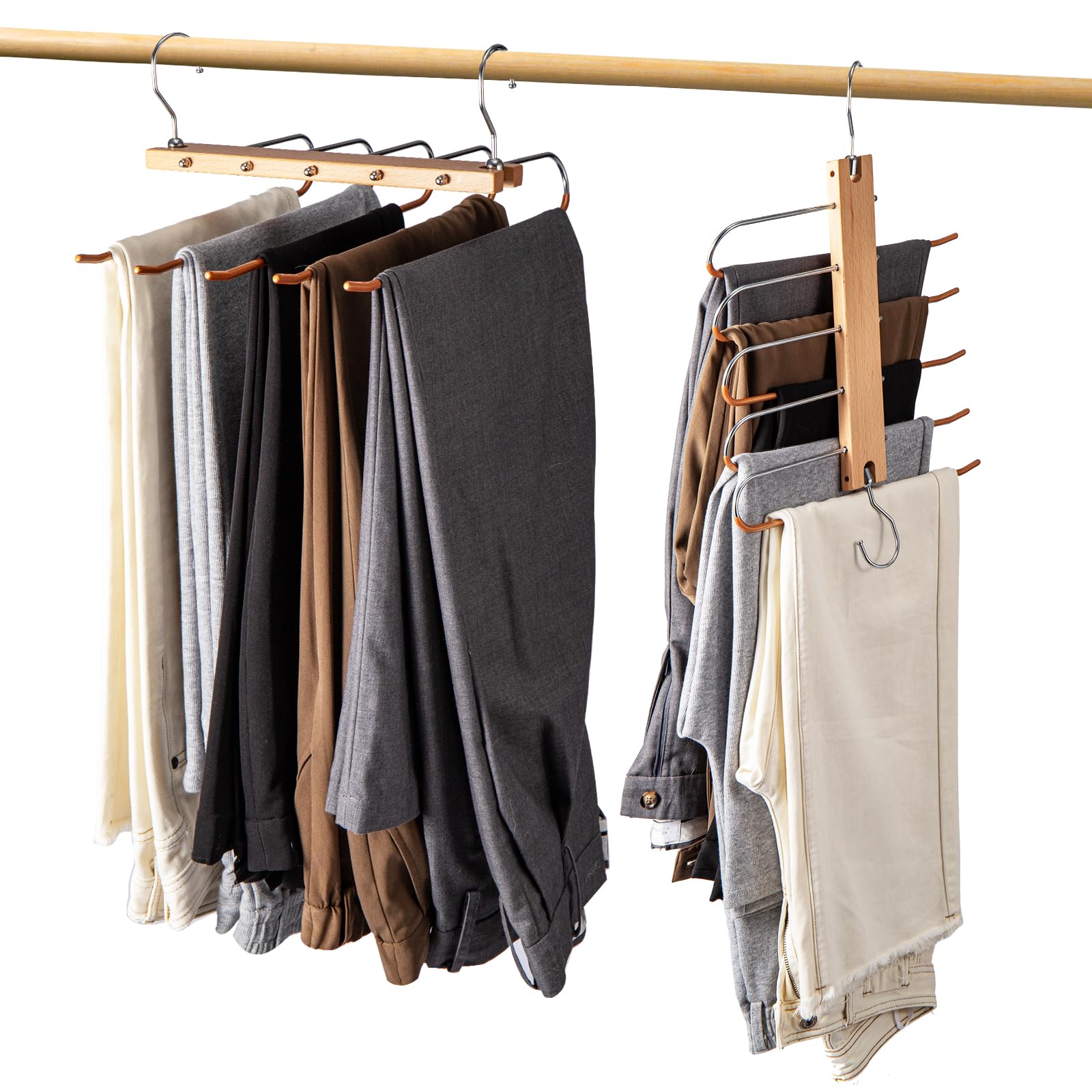 Youyijia 5-Layer Trouser Hangers Space Saving 2-Pack Multi-Functional Wardrobe Organizers Non-Slip Pants Hangers Closet Organizers for Jeans Clothes Scarves and Towels (Natural)