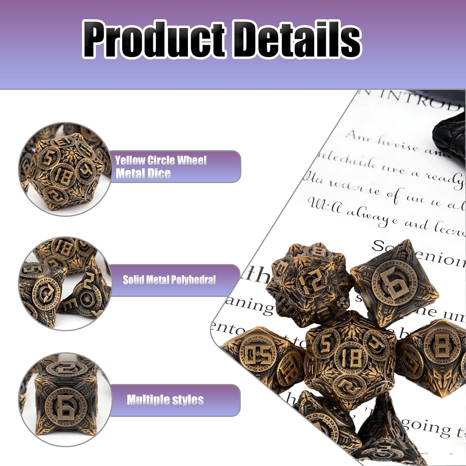 7pcs Yellow Circle Wheel Metal Dice, Solid Metal Polyhedral Dice, Compatible with Role-Playing RPG Board Game Card Game