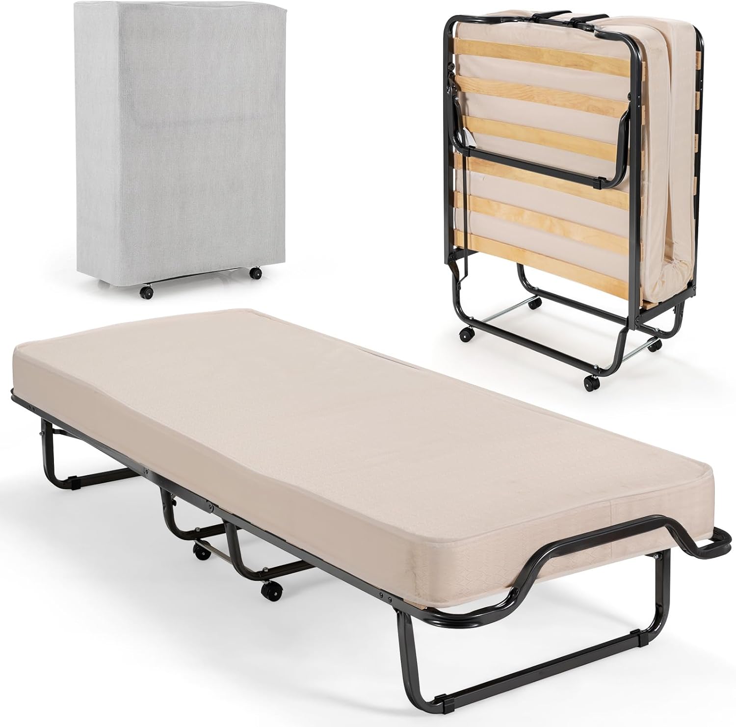 MAT EXPERT Twin Folding Bed with Mattress, Foldable Bed with Sturdy Metal Frame, 4 Lockable Wheels, Rollaway Bed with Cover for Office, Living Room, Bedroom, Dorm