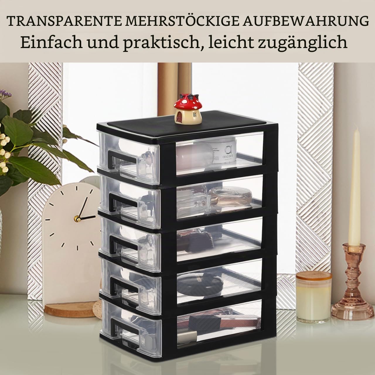 Transparenter Schubladen 5-Stufiger Aufbewahrungsschrank Schwarz-Transparent FüR Schmuck Kosmetik Und BüRobedarf Schubladenbox Schubladen Organizer Mit