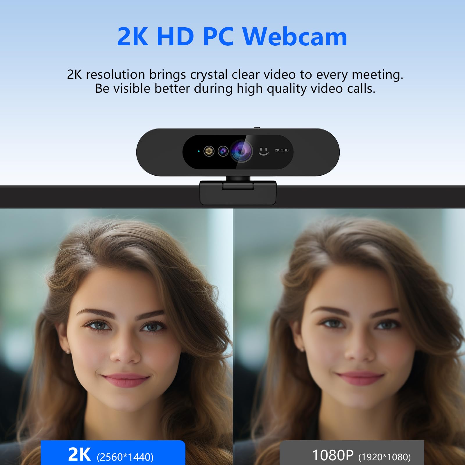 Cámara web HD 2K con reconocimiento facial Windows Hello, cámara de computadora con micrófono, cubierta de privacidad, cámara web para portátil para videoconferencias, en vivo, transmisión