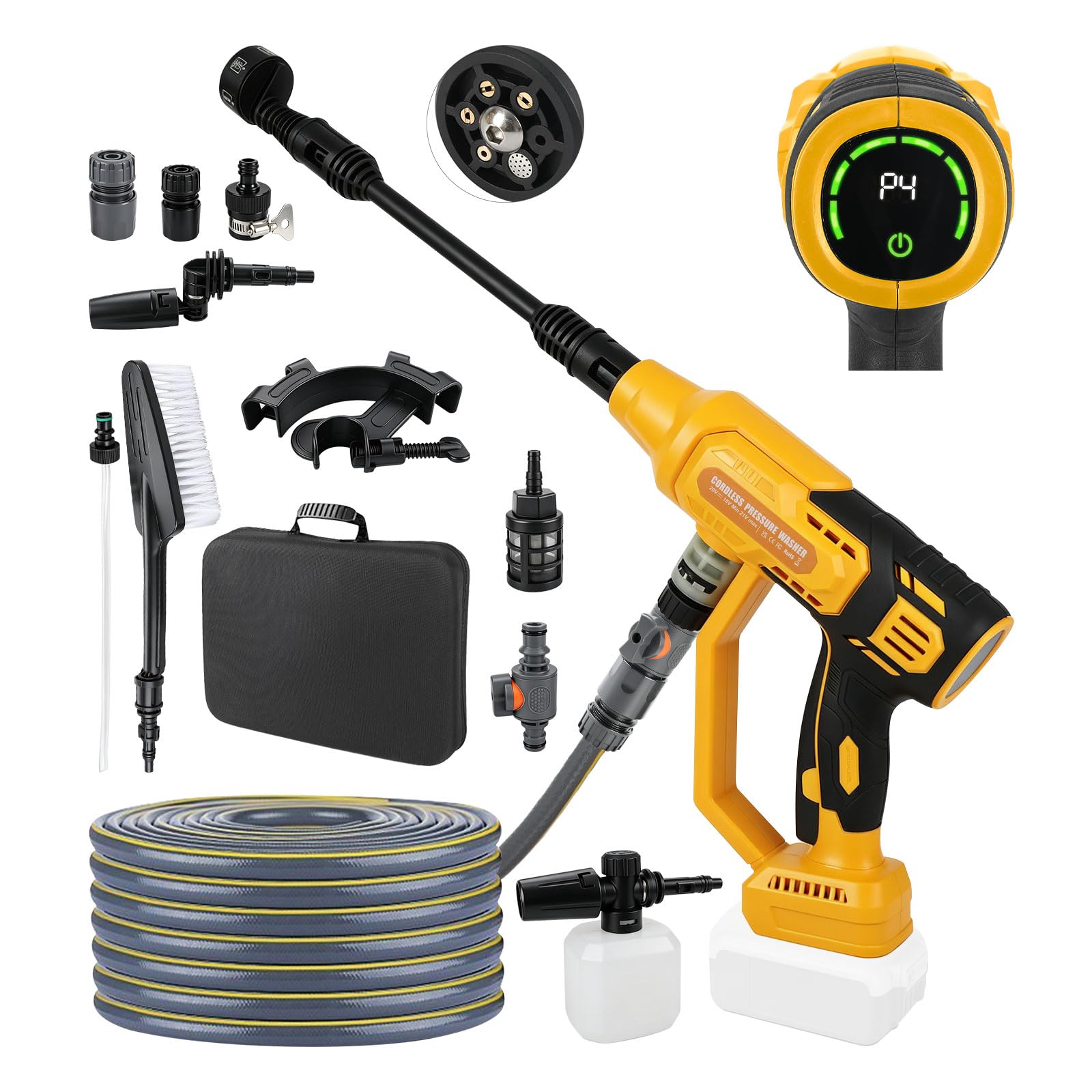 Limpiador de alta presión inalámbrico compatible con Dewalt 20 V, 570 W, limpiador de alta presión de mano sin escobillas, con boquilla 6 en 1, pistola de alta presión de 4 niveles para la limpieza de