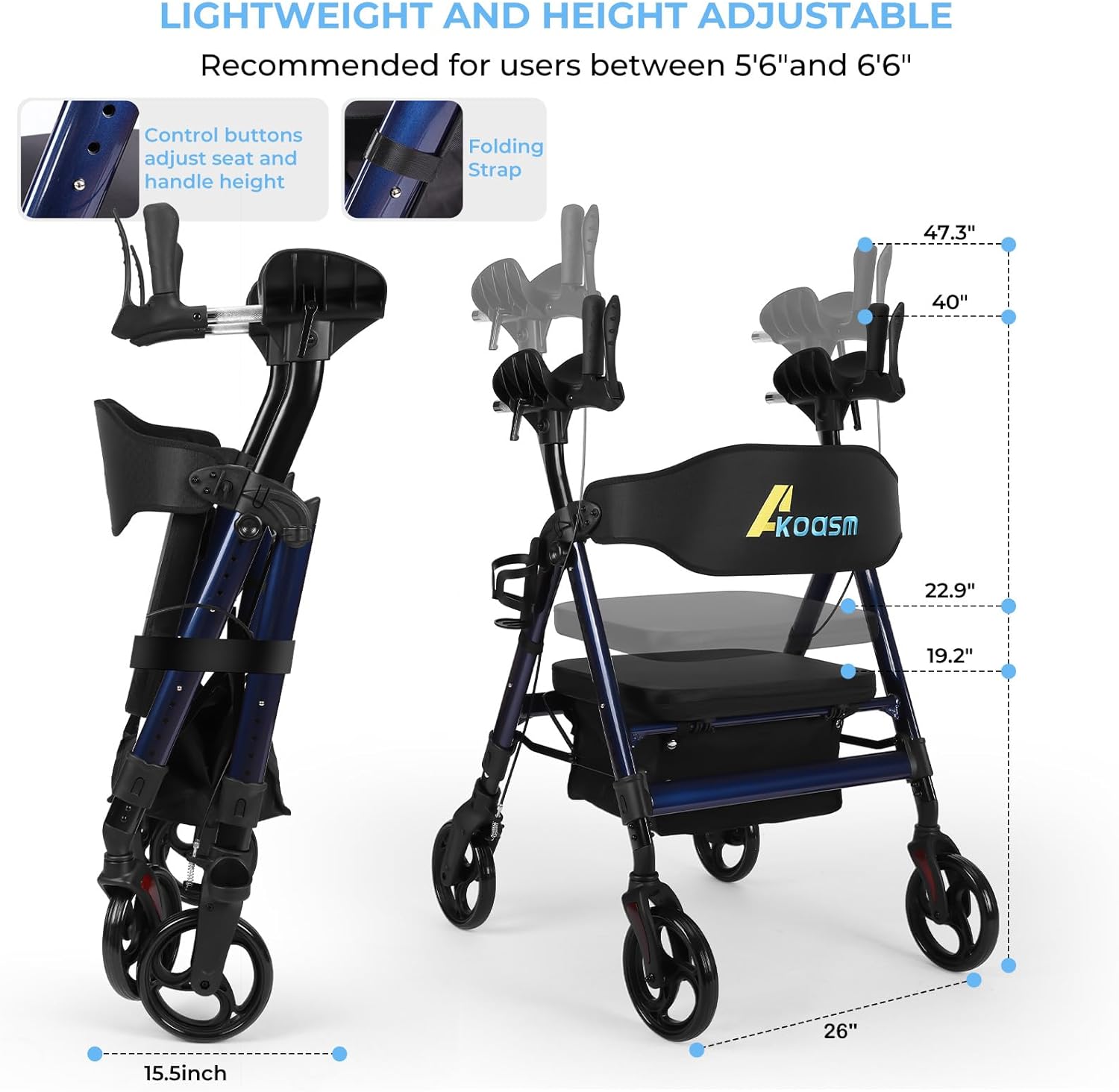 Diagram illustrating the adjustable handle and seat heights of the AKOASM Upright Walker, showing the range of adjustment.