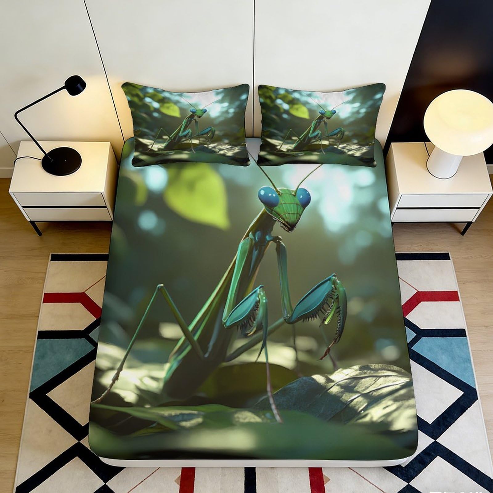3D Printed Praying Mantis Fitted Sheet, Microfiber soft touch, wrinkle resistant, bedroom decor, guest room bedding, anti-slip, easy care, stylish accent, green nature pattern, bed cover 90x200x25cm