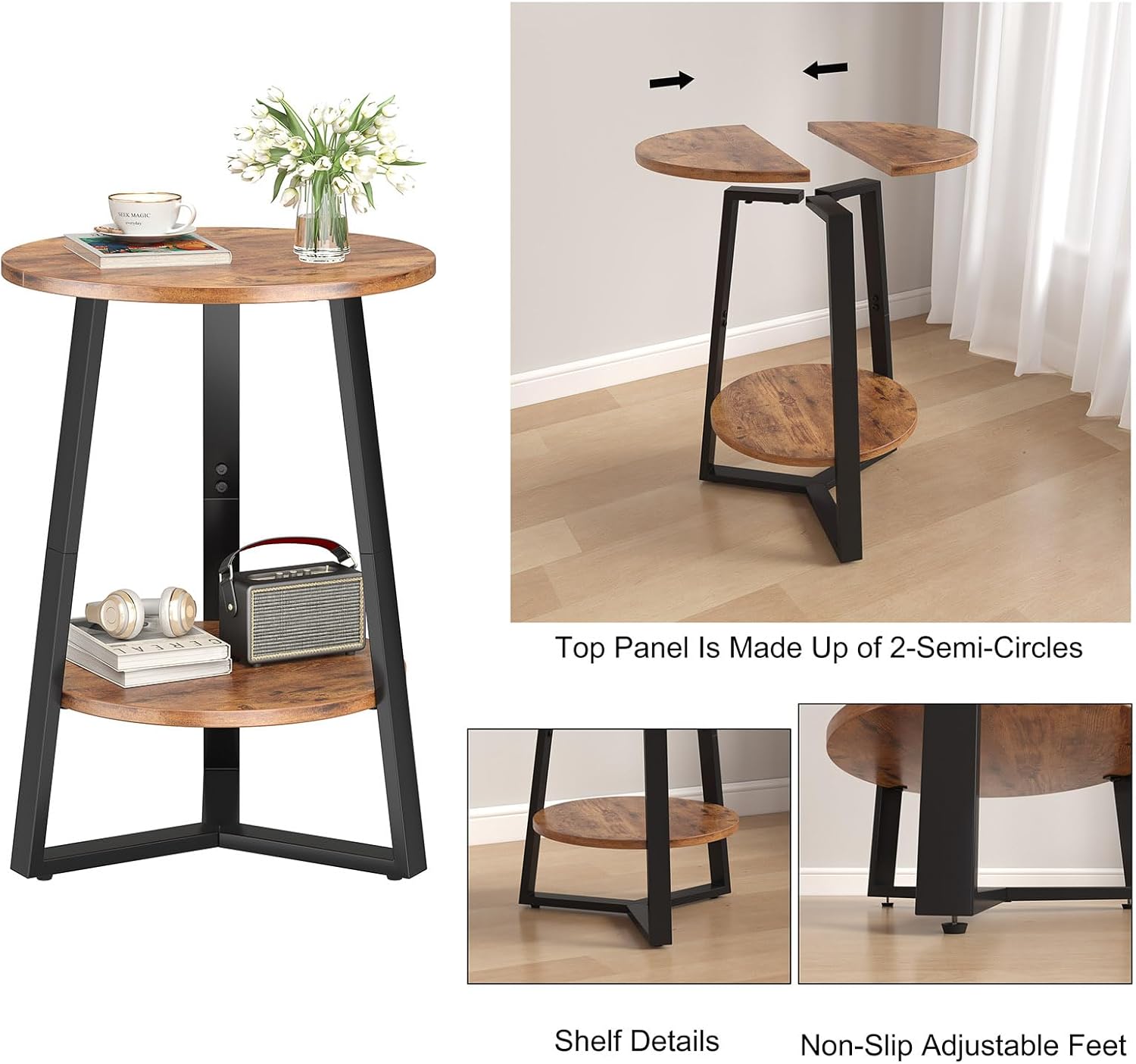 Small Round End Table Set of 2,2 Tier Side Table Set 2 with Storage Shlef,Coffee Table Wooden Tabletop & Metal Frame,Accent Table Small Nightstands Couch Tables Livingroom Bedroom,Rustic Brown